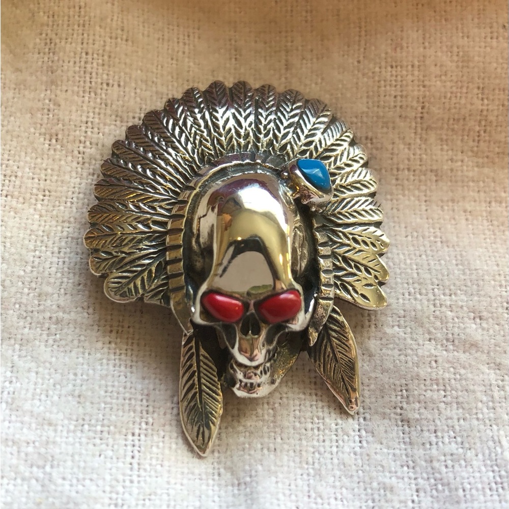 Vintage Navajo chief skull turquoise-blue/coral-red 925 Sterling-Stamped pendant